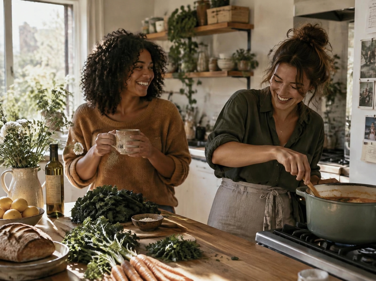 Two friends laughing in a sunlit kitchen while one stirs a pot of soup